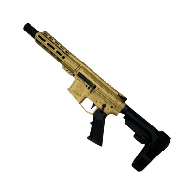 Moriarti Armaments AR-40 S&W Blowback Mini Pistol | 8" Barrel | Gold Cerakote Finish | SBA3 Stock