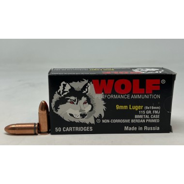 Wolf 9mm Ammo - 50 Rounds of 115 Grain FMJ Ammunition