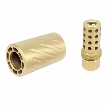 AR-15/AR-10 Muzzle Comp with QD Blast Shield | Tin Coated Gold | Reduces Concussion | Moriarti Armaments