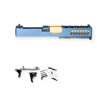 Glock 19 Compatible Pistol Build Kit / Blue DLC RMR Slide / Gold Barrel / No Lower
