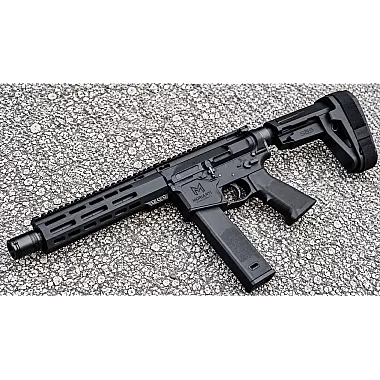 Moriarti MA-9 7.5 inch 9MM LRBHO pistol with SBA5 brace, slick-side upper and M-LOK handguard