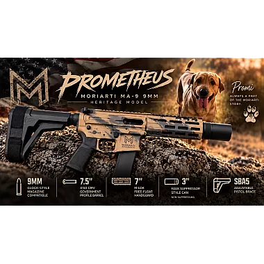 Moriarti MA-9 Prometheus 7.5 inch 9MM LRBHO pistol with SBA5 brace, 7 inch M-LOK handguard and faux suppressor-style barrel shroud