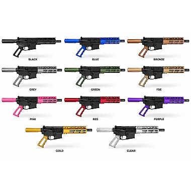 Moriarti MA-15 Airlight 7.5-inch 5.56 NATO pistol with color-matched M-LOK handguard, skeleton-style grip and six-position receiver extension.