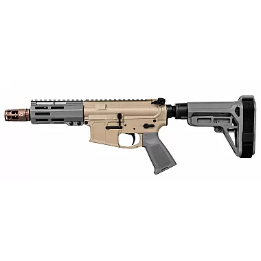 Moriarti MA-15 5-inch 5.56 NATO ARP pistol with Q Cherry Bomb muzzle device, gray SBA5 brace, gray Magpul grip, and FDE receivers.