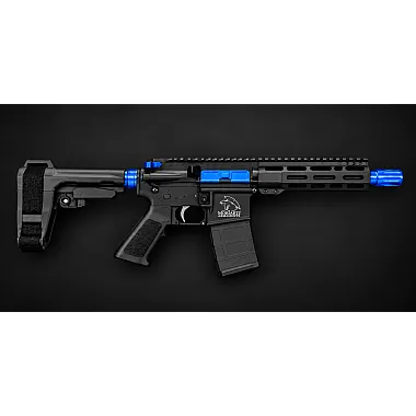 Moriarti MA-15 Accent Series 7.5-inch 5.56 NATO pistol with blue components, SBA3 brace, and 7-inch M-LOK handguard.